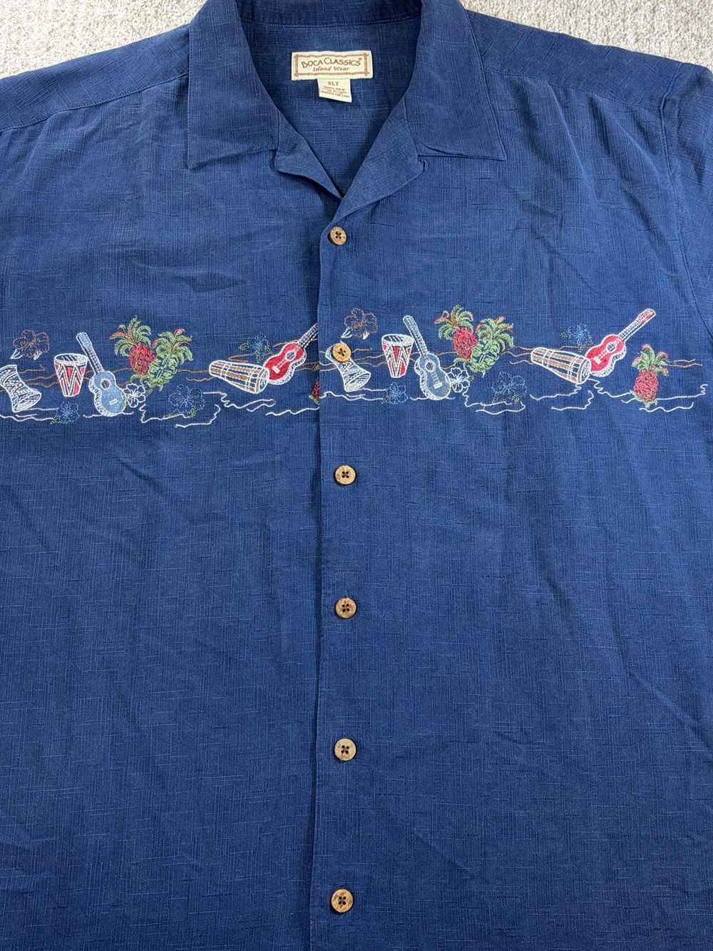 100% Silk Vintage Navy Hawaiian Embroidered Camp Shirt